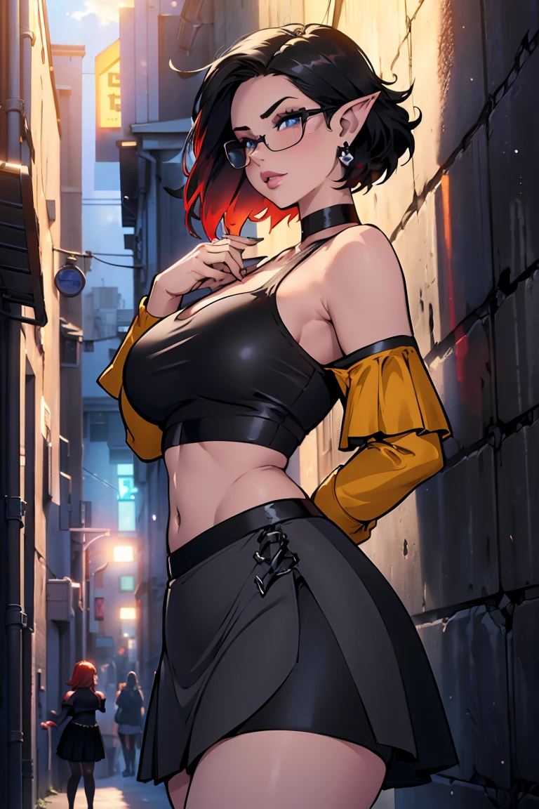 (ultra realistic,32k, Masterpiece:1.2),(very detailed skin:1.1),( high quality:1.1),
mandy,(envy:1.1), by rubio, short hair, black eyes, black headband, sharp hair, black shirt, long sleeves, black skirt, white thighs,A musical concert atmosphere., blurred background,, huge chest,big breasts,(looking at the viewer, standing, from below:1.1),,(volumetric lighting:1.1),
