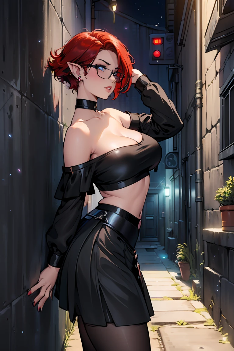 1girl, beautiful elf woman, ((Short Red Hair, Straight, has shine)) Blue eyes, double eyelids, light effect on eyes, detailed irises, beautiful curvy body, glasses, ((Off the Shoulder sleeveless Black crop top with black micro skirt: 1.5)), black choker, black panties, black high heels, ((Work of art, hyper-realistic, hyper detailed, Best Quality, 16k, light and shadow on skin, vivid colors)), ((Standing against a wall in a alleyway of the city at night: 1.5)), Lustful Expression, perfect lips, sexy mature face, lots of freckles all over body, full pouty lips, extreme blush, sensual smile, ((Night)), moonlit sky, Flirting with the viewer, Looking at viewer, Flirty Lewd Smile, ((Large Breasts: 1.2)) ((Full Side View))
