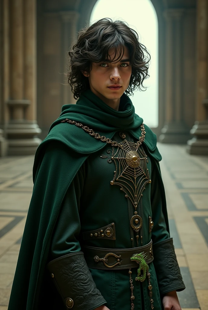 the Great Hall in front of her was empty - except for a young man she had never seen before.
He had some similarities to Potter, but her bright green eyes were lighter, her hair is darker and much longer. It hung in wild locks to her shoulders, only tamed by a spiderweb-like hair ornament that spoke of the Lords of old.
He was wearing formal attire—heavily ornamented robes and a tunic with a green basilisk embroidered around his waist..