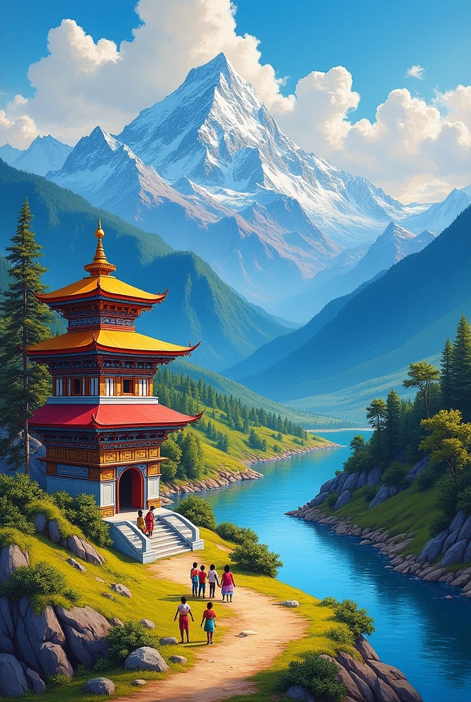 Create a acrylic oil painting of a nepali scenic hills and mountains with temple on the bottom near river and nepali kids playing around