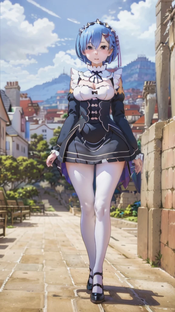 masterpiece, best quality, ((microo skirt)), pantyhose,smile, upper body, large breasts, house, blue sky,(full body),(((wide hips)))