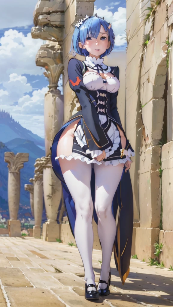 masterpiece, best quality, ((microo skirt)), pantyhose,smile, upper body, large breasts, house, blue sky,(full body),(((wide hips)))