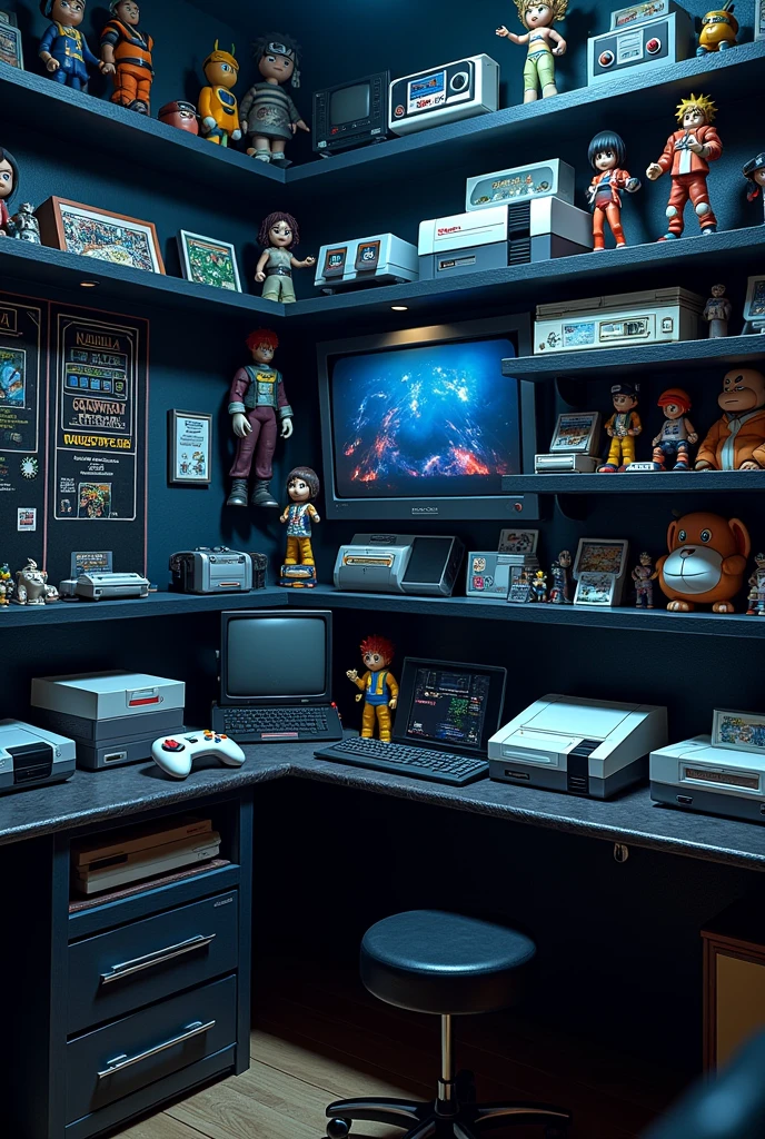 create a scenario of, the image must be 1280 x 720 for a nerd channel, a black wall, with black shelves, and dark blue lights. On the shelves, put old video games, nintendo 8 bit, atari, mega drive, if you cannot use these images, put similar ones very similar. Make it as realistic as possible, growing too, nerd culture items, don't show the floor, only 2 walls, ponha action figures, of animes, naruto, dragon ball, among others. Do not use tables etc.... just shelves and bookcases,