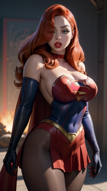 CARTOON_jessica_rabbit_Aiwaifu,Aiwaifu,
hair over one eye,russet hair,Waist slender,very long hair, big hair, tall woman, toned,make-up,lipstick,breasts big,ombre,greeneyes,thicc thighs,Breasts huge,lips vermelhos,lips,thicc thighs tornedas,athletic body,Legs long,one eye covered, Superhero Supergirl, Supergirl Suit, red cape, S for Superman on chest, blue swimsuit, Red skirt, red boots elbow gloves,purple gloves,ful dressed,bared shoulders,neckleace,jewelly,aretes,pantyhose,thicc thighs,
offcial art,extremely detailed CG unity 8k wallpaper,Lighting perfeita,fullcolor,Lighting_front-facing_Ablaze,pele Ablaze, (Masterpiece artwork:1.0),(better_品質:1.0),ultra high resolution,4K,ultradetailed,fot,8k,HDR, high resolution, (absurderes:1.2), Kodak portra 400, film grain, nblurry background, (bokeh:1.2), Lens flare, (Color Vibrant:1.2), fot profissional, (beautiful  face:1.5),