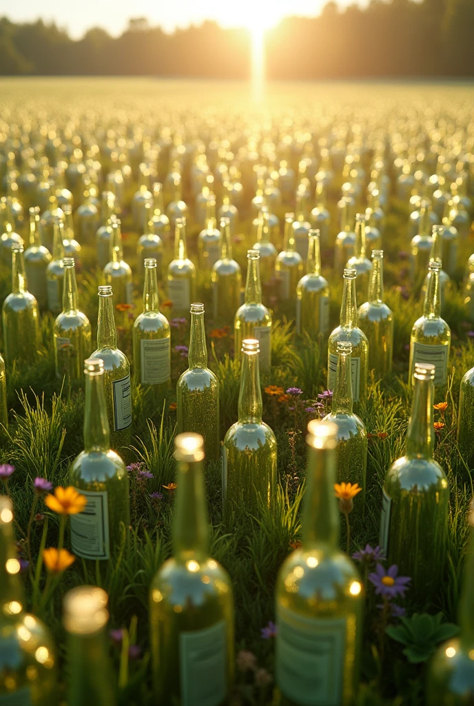 Create a meadow with 1000 glass bottles. The glass bottles are said to be from the Nordhäuser Doppelkorn brand.