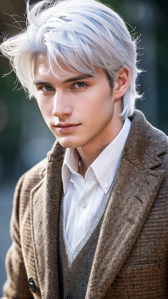 white hair , handsome young man , smart