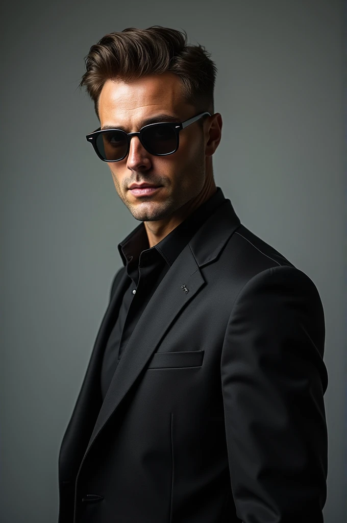 Make a  man wear a sunglasses,  blazer with studio background 