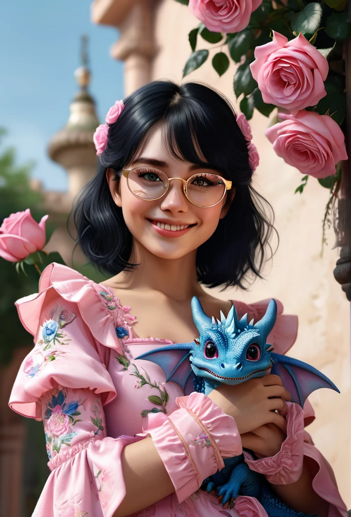 photography, high detail, realistic, masterpiece, HD best quality, perfect face.Artist Mary Jurgens, Starsnits90, Greg Rutkowski Cryengine, Ubisoft Image ))(Behind arch-way of embroidery pink roses) A girl with neat black hair wearing gold twin rim glasses, pink ruffle dress with delicate floral patterns and detailed detached pink arm-sleeves. HOLDING in her hands a pink and blue cute face(smiling) big blue eye  baby dragon