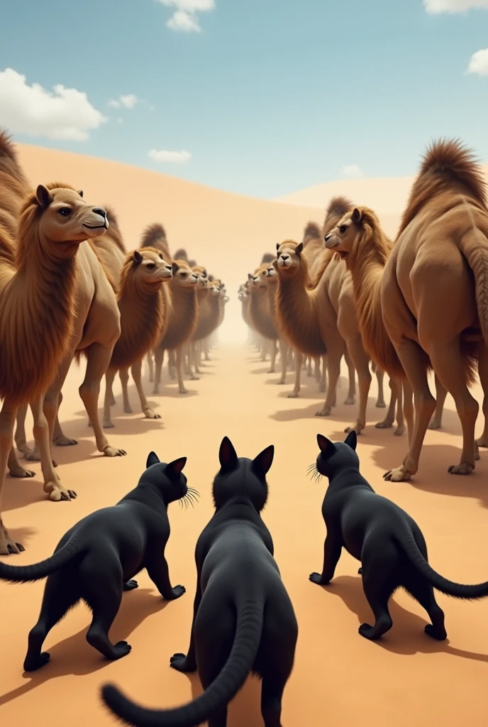 A group of camels fights with a group of black cats.