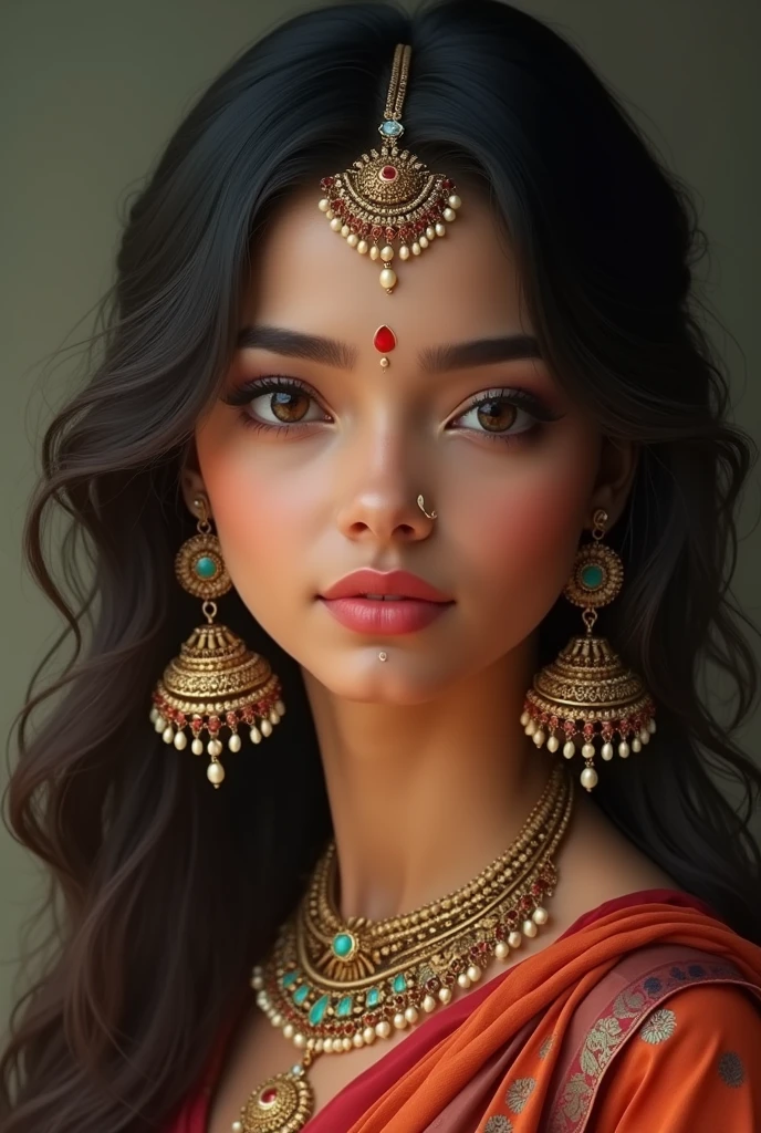 Real beautifull women in round face
with tika and nathani jewellery