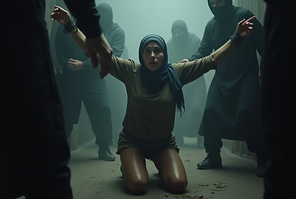 realistic style, photo, photorealistic, high detail, (sharp), (photorealism:1.2), (photo:1.2) of a Syrian 53yo woman, hijab, sad eyes, kneeling helpless, pleading face, dark skin, Hand POV, Hands tied, Raise your hands above your head, restraint, Handcuffs, Being pulled by another person, torn dress, smoke, Lifted by others, grab, pull, pull torn bra, Buttonless crotchless shorts, Umbilical cord tickled with fingers, Raise your hand, helpless, whole body, Umbilical cord, in cellar, nun, night, Being raped, people around. [the point of view is between her hands:2], [the point of view is between her hands:1.7], extremely detailed faces and bodies, hyper realistic, natural lighting, vivid colors, photorealistic, masterpiece, 8k. [Entire scene is surrounded by mist, evoking a mysterious and eerie atmosphere, natural reflections].