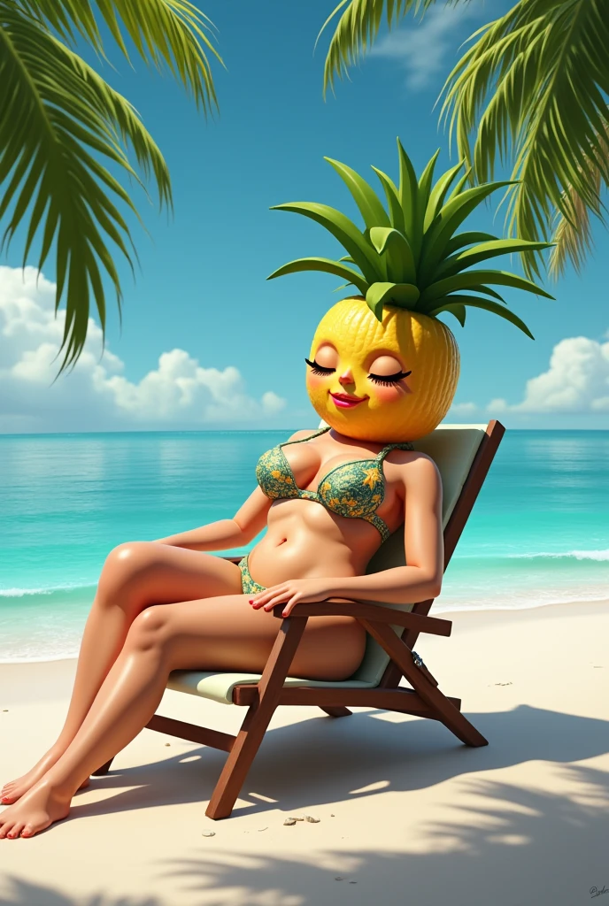 Palm fruit sunbathing in a bikini, sitting on a beach chair seducing