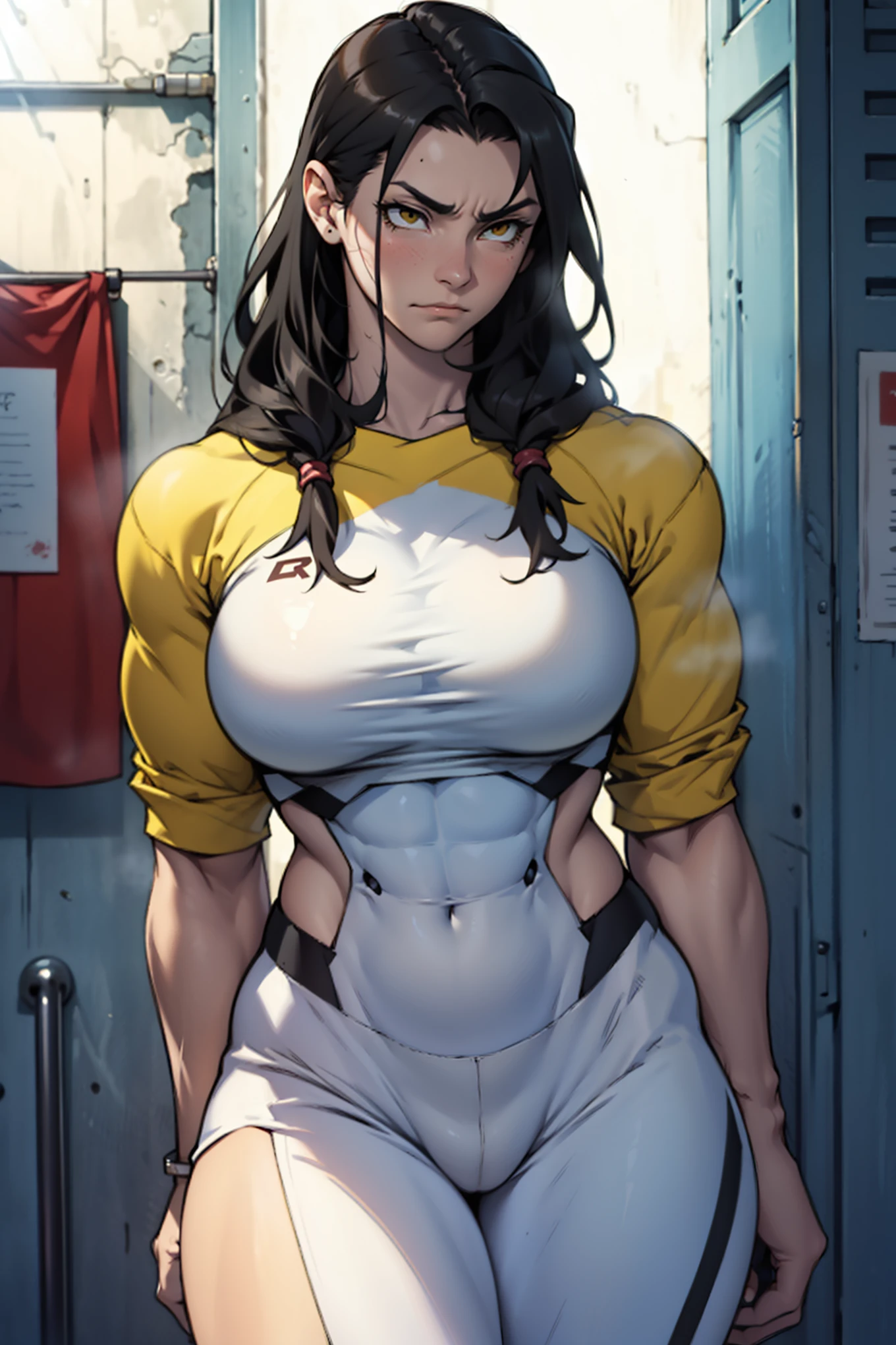 embarrassed sad long black hair yellow eyes pale skin muscular girl huge muscles large looking away