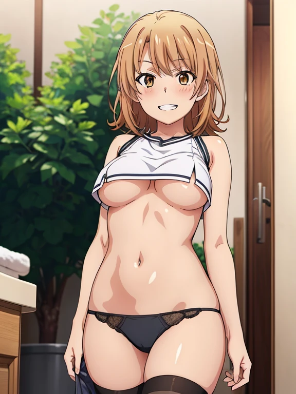 ((masutepiece, Best Quality, hight resolution, nffsw, Perfect Pixel, depth of fields, 4K, )), 1girl in, Solo, , Beautiful anime girl, Beautiful Art Style, 
standing:1.3, bathroom background,
Perfect body, smile face, show teeth, , show panties:1.3,

isshiki iroha, medium breasts, Full face blush, black stockings, underboob:1.4, show nipples:1.3, 
straight-on:1.3, medium shot