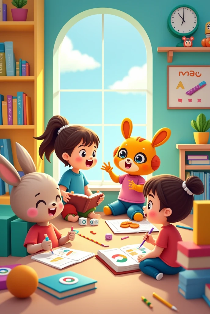 *Playful Characters**: Create cartoon-like characters, such as friendly animals, robots, or animated children, engaging in different learning activities like reading, drawing, or playing with educational toys.