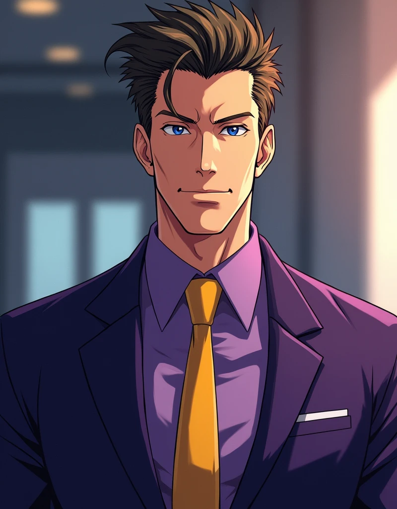 1man, dandy president, solid mature, spiked slicked back, darkblue eyes, businessman hairstyle, olive hair, ideal ratio body proportions, BREAK 50yo, bold producer, toned gentleman, ordinary, high cheekbones, broad shoulder, square shaped face, masculine, ugly, BREAK violet formal jacket, purplewhite shirt, yellow necktie, BREAK sexy smile, cool emotion, romance, BREAK solo, upperlegs, smart expression, visual novel, 2000s, in eroge style, in persona style, BREAK depth of field, dutch angle, cinematic shadows, cinematic lighting, lens flare, light leaks, texture, absurdres absolutely resolution, extreme all detailed, greatest painting, BREAK masterpiece, best quality