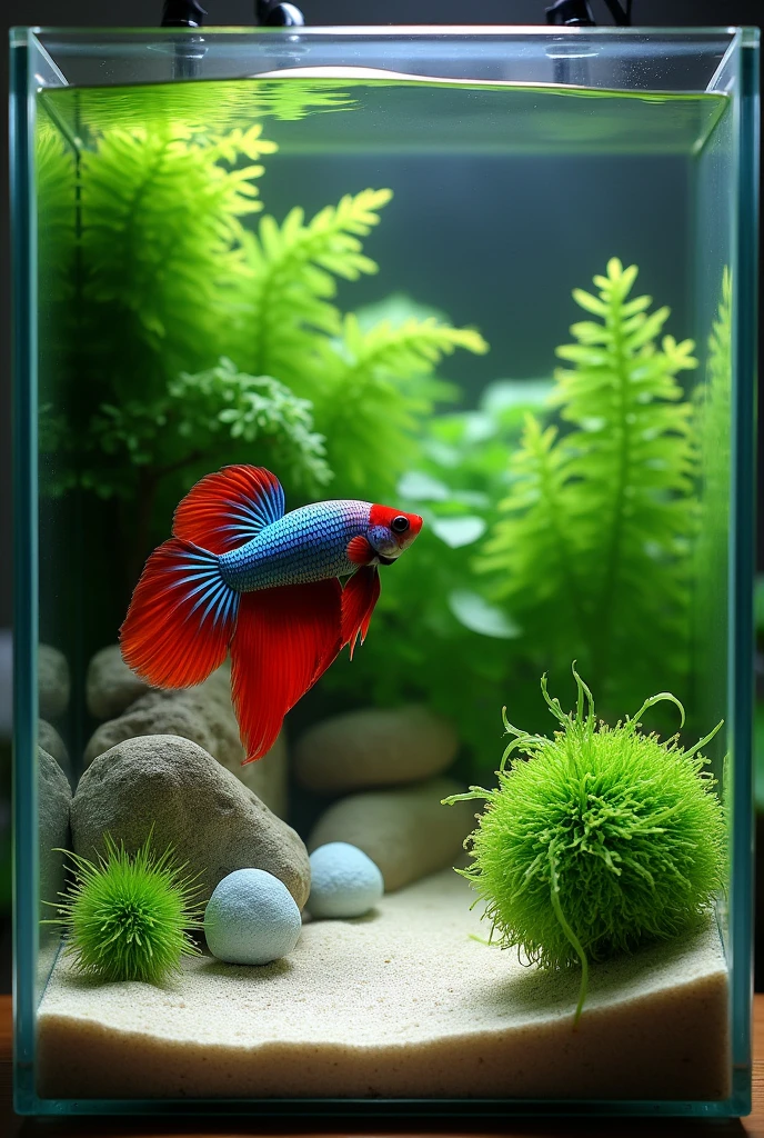 aquascape that consists a 5 gallon rectangle tank, aquatic plant java fern, 2 marimo balls, some river stones, a light colored hard sand substrate and maybe colored background with good lighting. Also put a betta fish that suits to be inside it. Focus on the aquascape arrangements