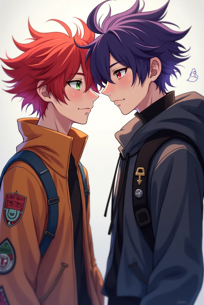 create two brother characters, one redhead with green eyes and the other with purple hair and red eyes, the one dresses in colorful and cheerful clothes and the one in dark and dead colors,