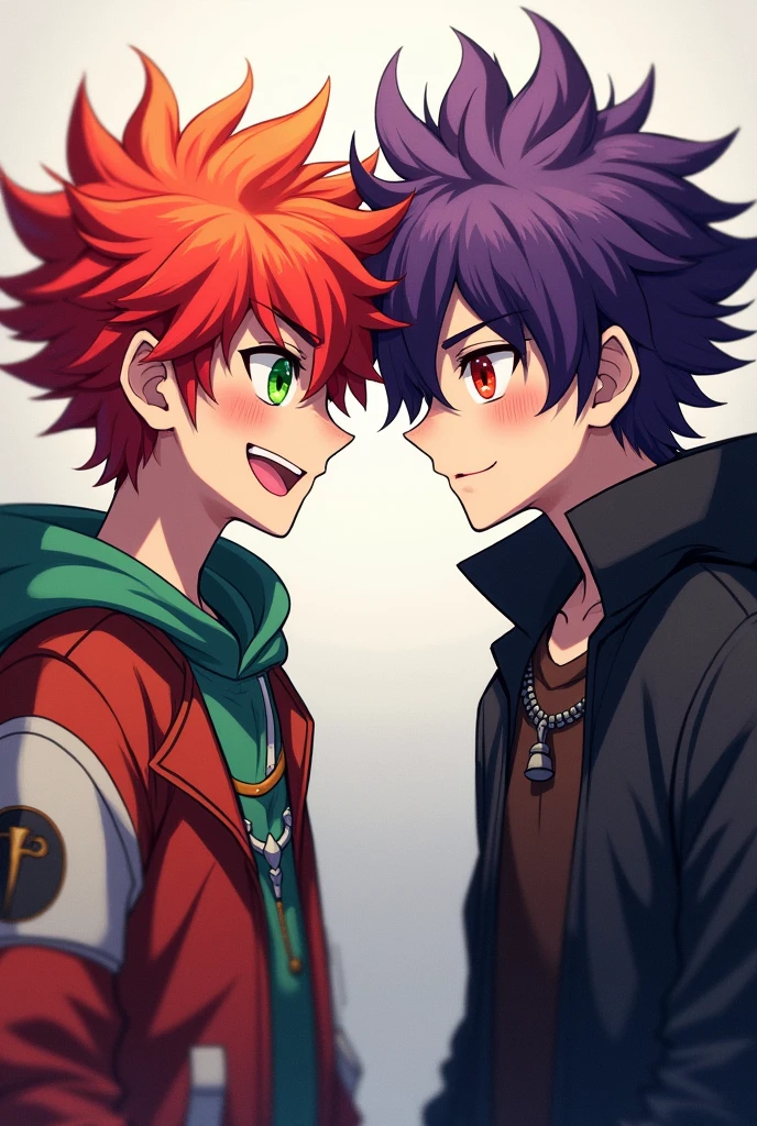 create two brother characters, one redhead with green eyes and the other with purple hair and red eyes, the one dresses in colorful and cheerful clothes and the one in dark and dead colors,