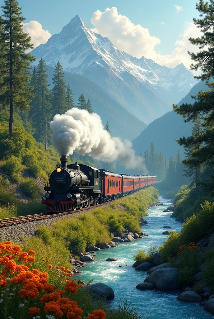 A Indian  train in morning with nature between mountains and rivers 