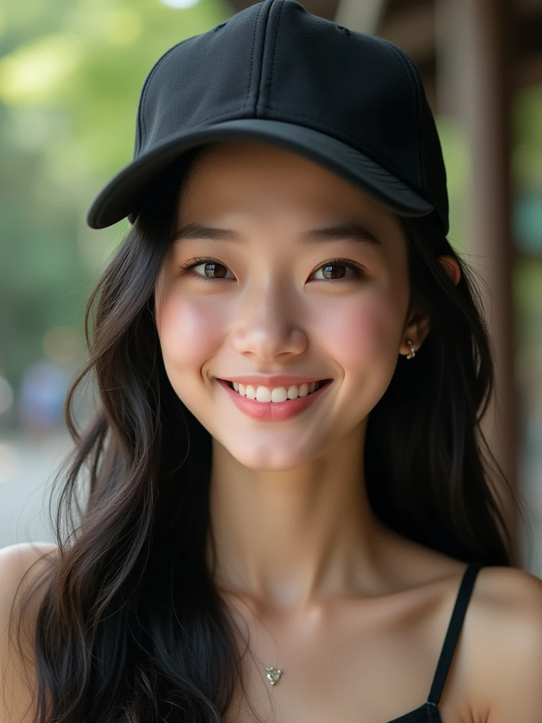 chinese girl 20 years old , with flawless face,bright smile,cute,beautiful,high quality beautiful,black hair ,with black bisbol hat,casual style ,natural
