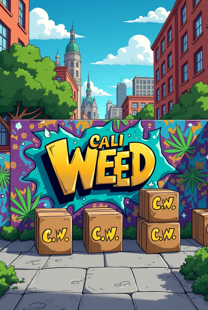 springfield avec un tag sur un mur ou il y'a ecrit Cali Weed et des boites marron avec ecrit dessus C.W en cartoon