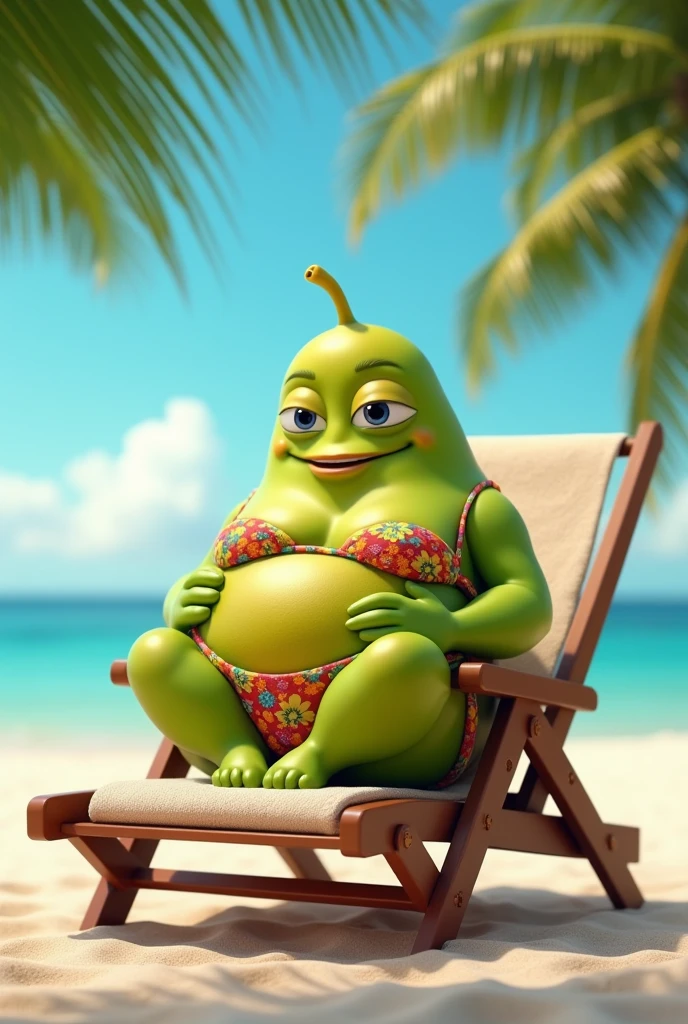Palm fruit sunbathing in a bikini, sitting on a beach chair