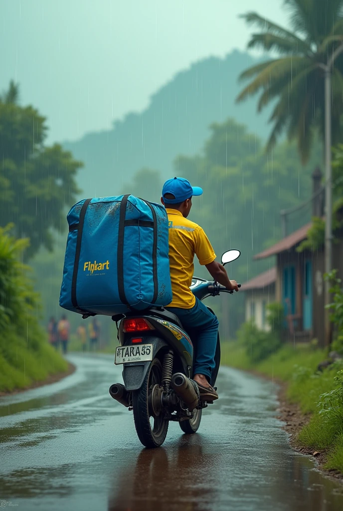 Flip kart delivery boy riding with ekart delevery big bag with blue colour in rain on village roads by looking collage girls side view


