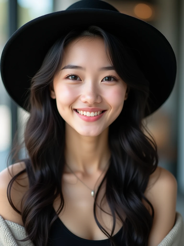 chinese girl 20 years old , with flawless face,bright smile,cute,beautiful,high quality beautiful,black hair ,with black hat,casual style