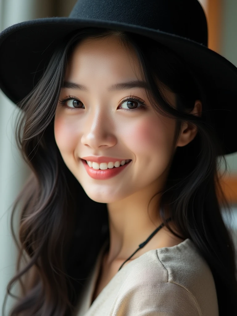 chinese girl 20 years old , with flawless face,bright smile,cute,beautiful,high quality beautiful,black hair ,with black hat,casual style