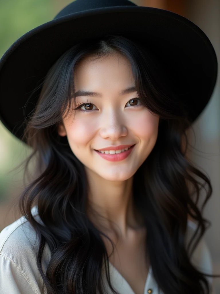 chinese girl 20 years old , with flawless face,bright smile,cute,beautiful,high quality beautiful,black hair ,with black hat,casual style