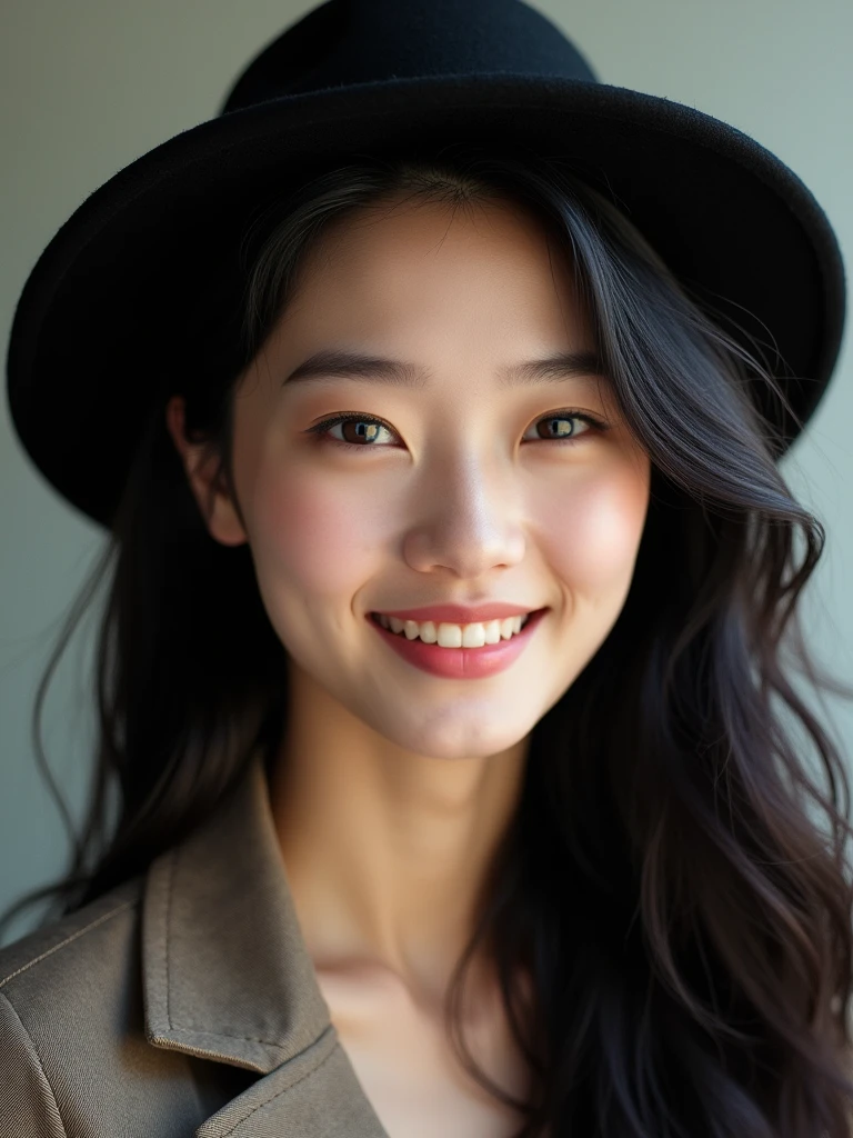 chinese girl 20 years old , with flawless face,bright smile,cute,beautiful,high quality beautiful,black hair ,with black hat,casual style