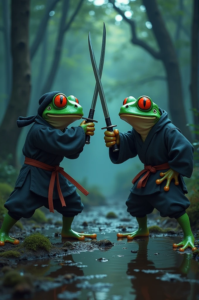 Two frogs in ninja clothes fighting with katanas in a dark forest at night in the form of a painting 