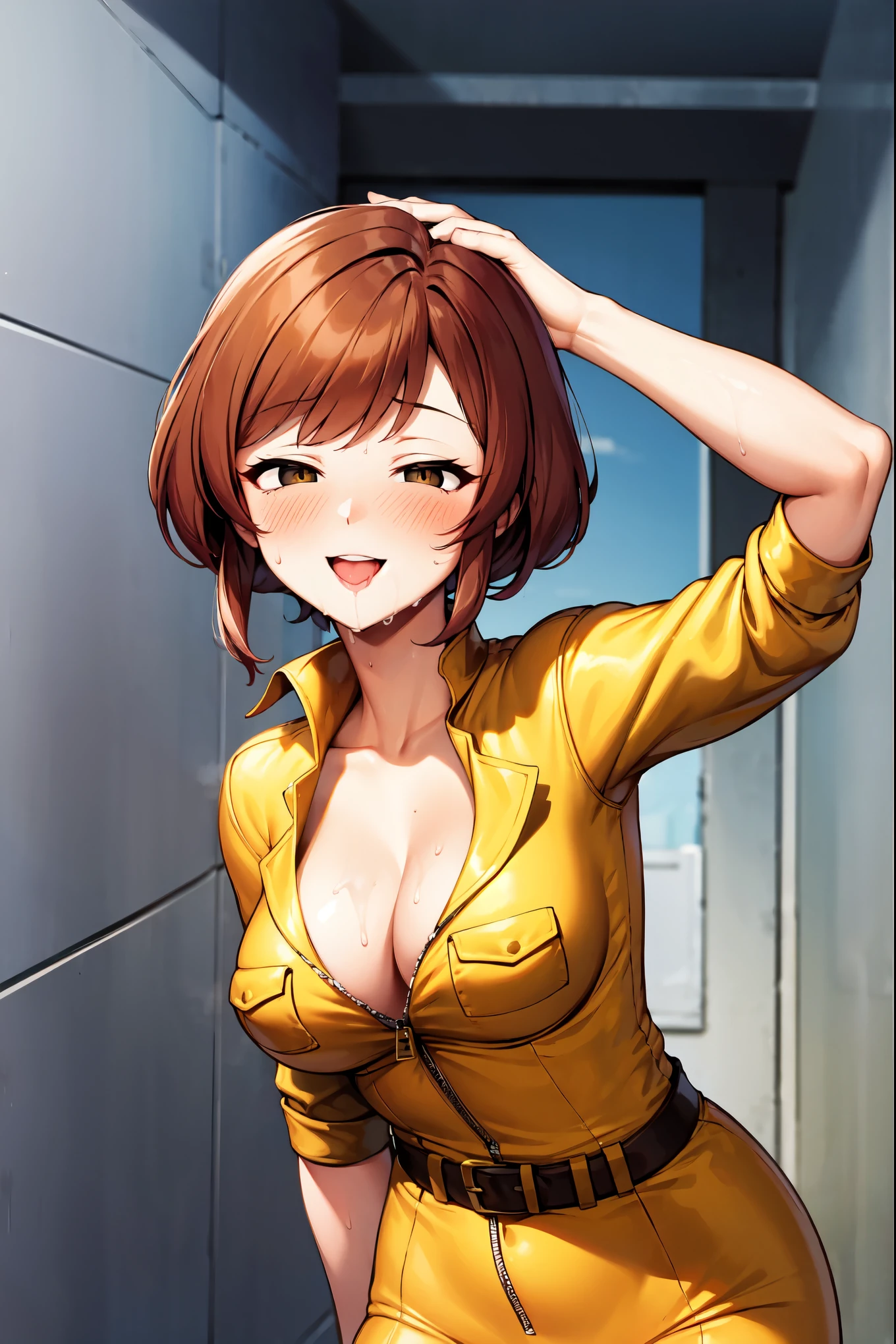 ((super high quality,Ultra-high resolution,16K,super masterpiece,Ultra HD ,Detailed shading,))Dark back alley,((One woman,Sexy older sister)),Cleavage,Yellow jumpsuit,White belt at waist,popped Tight collar,smile,blush,Sweaty,Looking straight ahead,holding a microphone in his hand,A small amount of drooling,Love juice from the crotch,slouch,