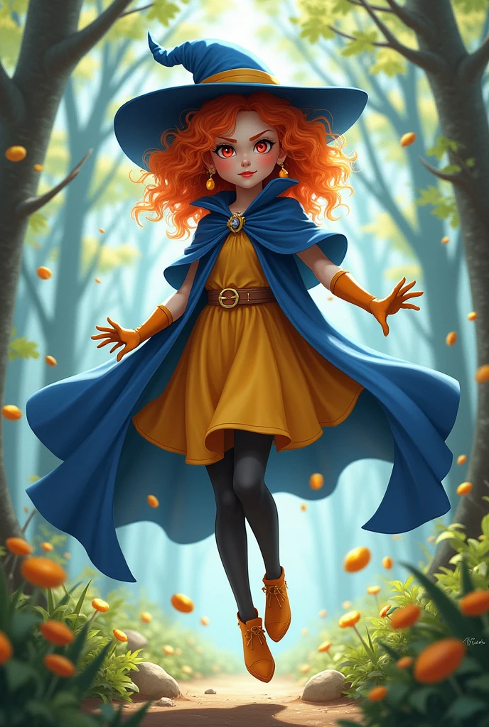 1 girl,alone,DQ4-Arena,Upper body,black pantyhose,blue cloak,blue hat,boots,curly hair,earrings,long hair,orange gloves,orange hair,red eyes,No sleeve,yellow dress,yellow skirt,dynamic pose,small breasts,(shiny,shiny dress:1.1)jumping,V-shaped eyebrows,nice weather in the forest, (masterpiece), (highest quality), (super detailed), intricate detailasterpiece), (highest quality), (super detailed), intricate details,