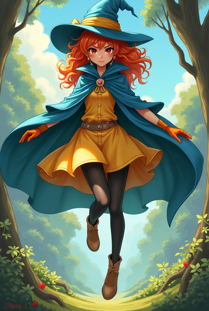 1 girl,alone,DQ4-Arena,Upper body,black pantyhose,blue cloak,blue hat,boots,curly hair,earrings,long hair,orange gloves,orange hair,red eyes,No sleeve,yellow dress,yellow skirt,dynamic pose,small breasts,(shiny,shiny dress:1.1)jumping,V-shaped eyebrows,nice weather in the forest, (masterpiece), (highest quality), (super detailed), intricate detailasterpiece), (highest quality), (super detailed), intricate details,