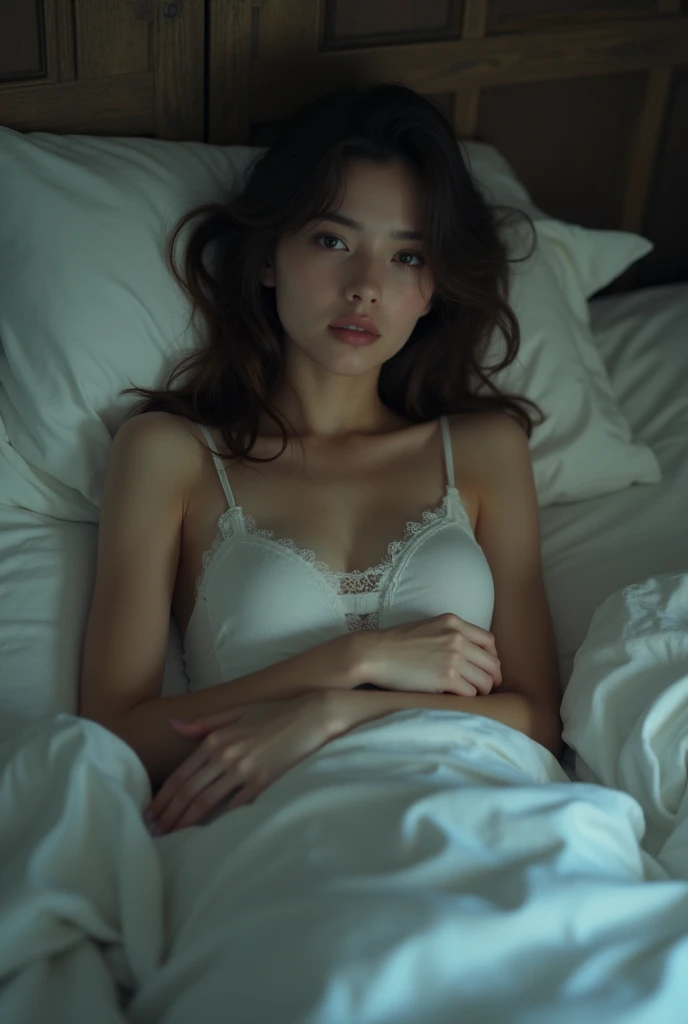 A tied up younger girl in underwear in bed