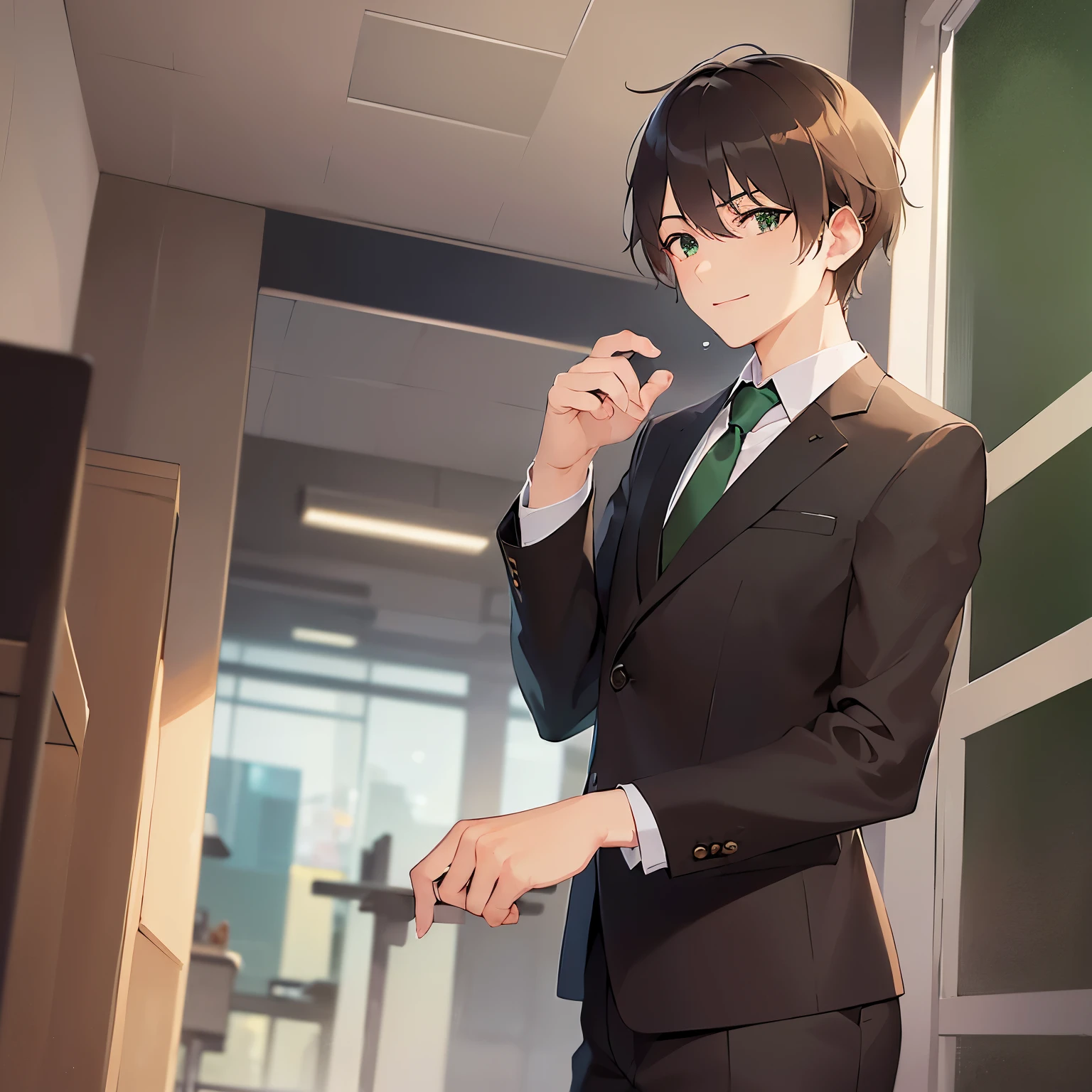 （looking at viewer:1.5）Upper Body, Shooting from behind、
shiny skin, masterpiece、Highest quality、
BREAKld male:1.5) and (Brown short hair) and (Green Eyes)BREAK
 BREAK (Wearing a suit:1.5) and (Green tie)BREAK
smile,Background in the office、(alone:1.5)