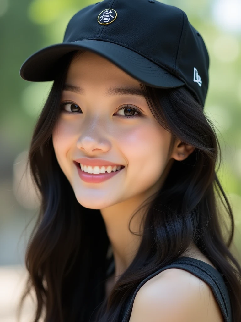 chinese girl 20 years old , with flawless face,bright smile,cute,beautiful,high quality beautiful,black hair ,with black bisbol hat,casual style ,natural