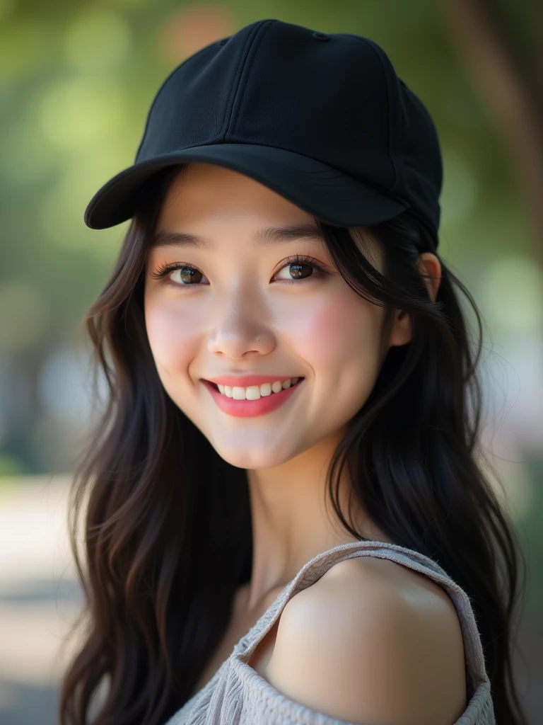 chinese girl 20 years old , with flawless face,bright smile,cute,beautiful,high quality beautiful,black hair ,with black bisbol hat,casual style ,natural
