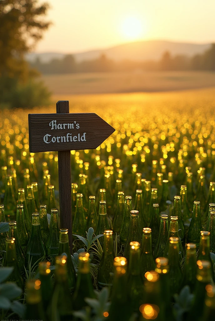 Create a meadow with 1000 glass bottles with lids. The glass bottles are said to be from the Nordhäuser Doppelkorn brand. A sign points to Harm's cornfield.