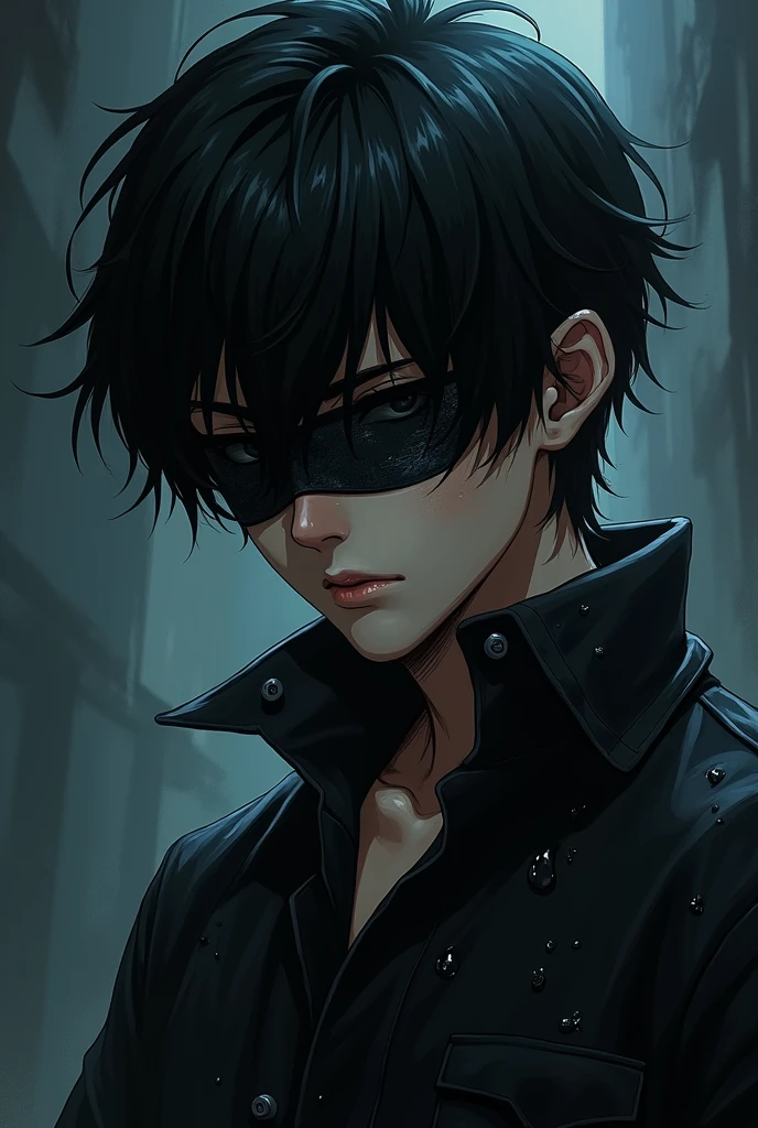 Guy with black hair covered his eyes with black shirt and covered in oil, anime style