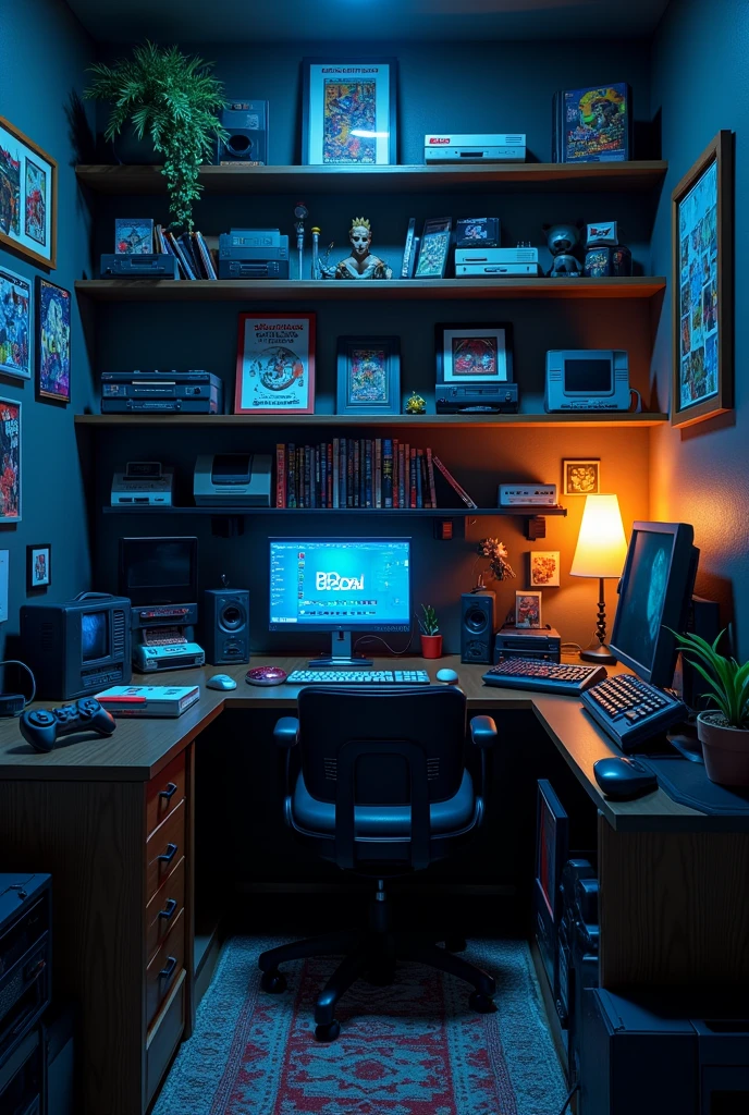 create a scenario of, the image must be 720 x 1280, for a nerd channel, a black wall, with black shelves, and dark blue lights. On the shelves, put old video games, nintendo 8 bit, atari, mega drive, if you cannot use these images, put similar ones very similar. Make it as realistic as possible, growing too, nerd culture items, don't show the floor, only 2 walls, ponha action figures, of animes, naruto, dragon ball, among others. Do not use tables etc.... just shelves and bookcases,
