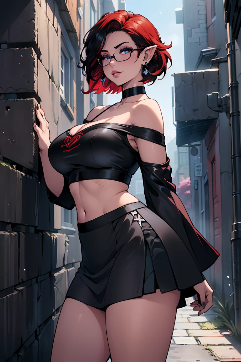 1girl, beautiful elf woman, ((Short Red Hair, Straight, has shine)) Blue eyes, double eyelids, light effect on eyes, detailed irises, beautiful curvy body, glasses, ((Off the Shoulder sleeveless Black crop top with black micro skirt: 1.5)), black choker, black panties, black high heels, ((Work of art, hyper-realistic, hyper detailed, Best Quality, 16k, light and shadow on skin, vivid colors)), ((Standing against a wall in a alleyway of the city at night: 1.5)), Lustful Expression, perfect lips, sexy mature face, lots of freckles all over body, full pouty lips, extreme blush, sensual smile, ((Night)), moonlit sky, Flirting with the viewer, Looking at viewer, Flirty Lewd Smile, ((Large Breasts: 1.2)) ((Full Side View))