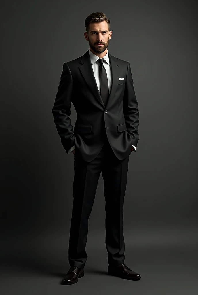 A men with breard standing in formal black suit with great personality