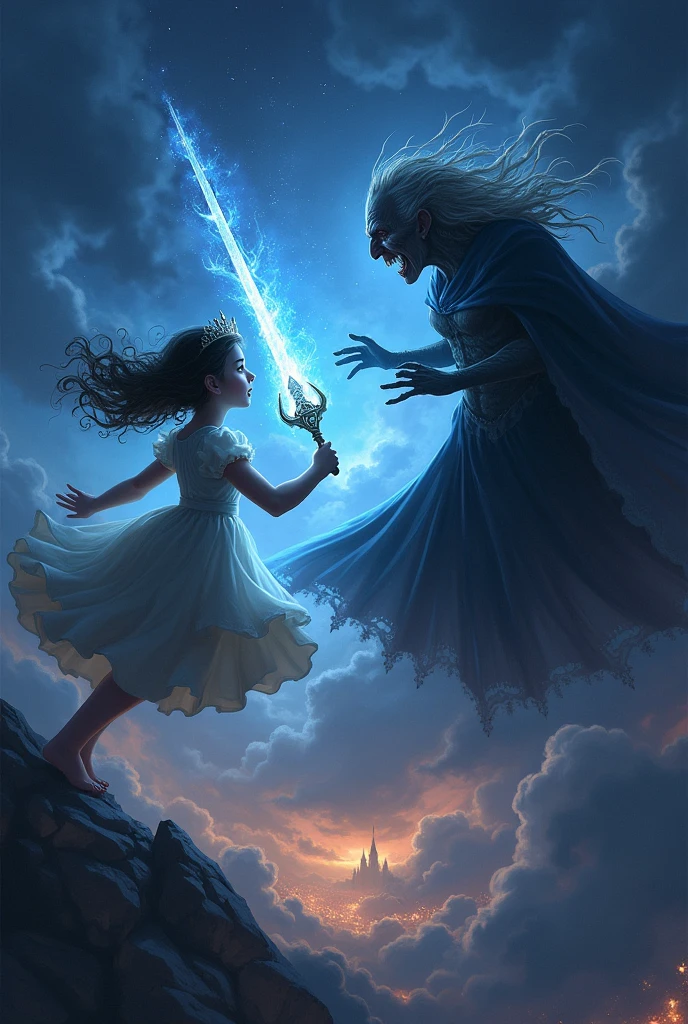 A little princess fighting with a witch in the dark night up in the sky