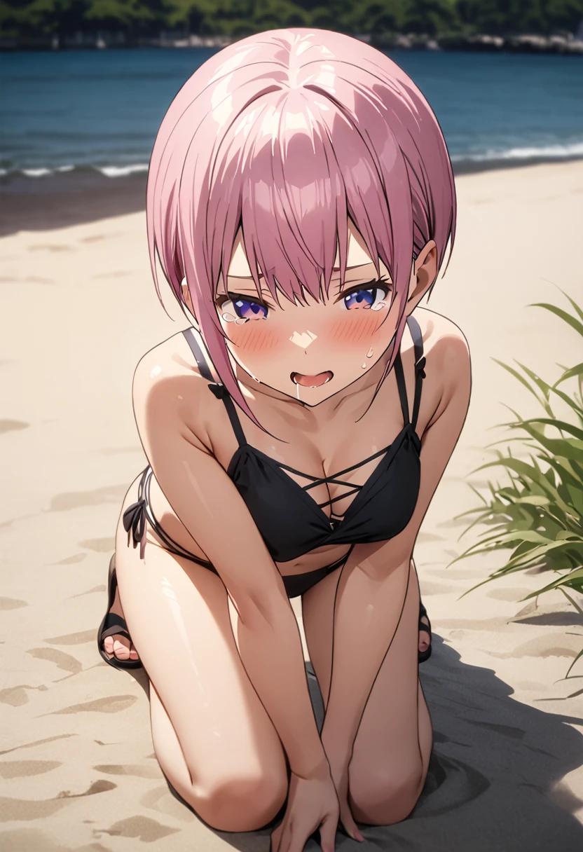 (Highest quality, 4K, 8k, High resolution, masterpiece:1.2), Very detailed, Picturesque, Animated Photography, Photo Animation:1.37)、A Japanese highgirl、(Pink Hair)、(Pixie Cut)、in a beach、bikini、(bikini color:random)、black cheokr、Ecstasy face、trembling、Sweat、Drooling、crying、Full body photography、(((Splash)))、Nakano ichika