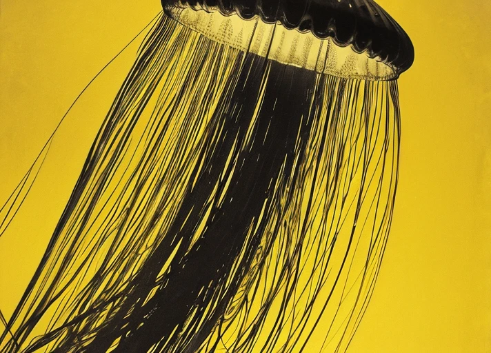 wing,very large,one jellyfish,monochrome,old painting,yellow background,Rantan,space,midlle ages,atomic