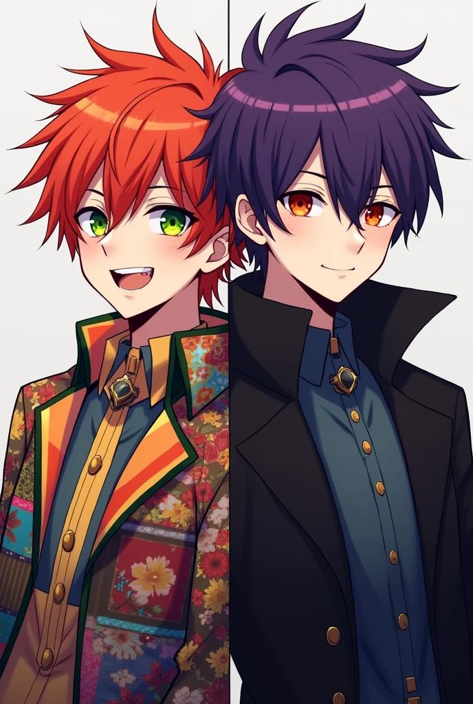 create two brother characters, one redhead with green eyes and another with purple hair and red eyes, the one dresses in colorful and cheerful clothes and the one in dark and dead colors
