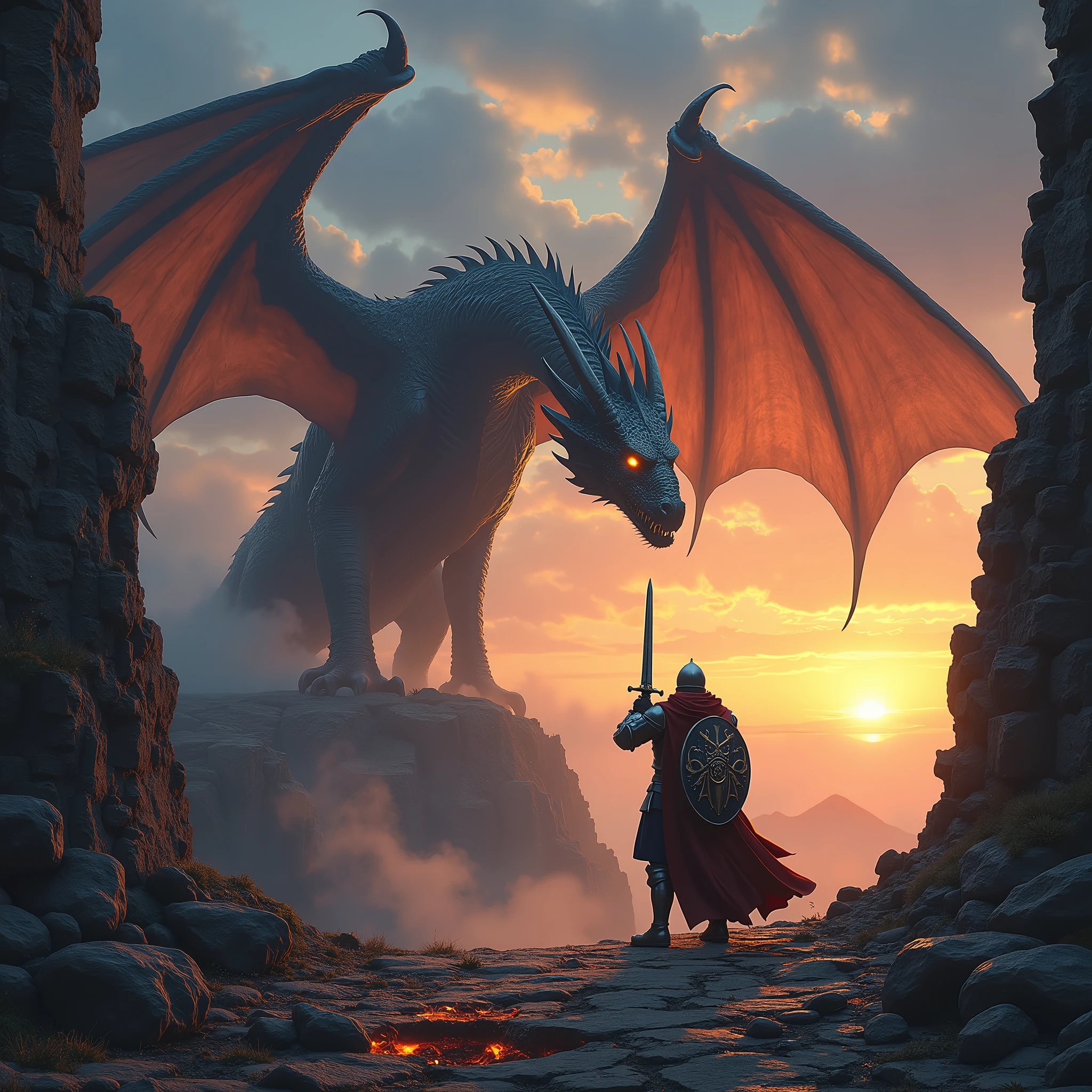 In the heart of a crumbling ancient castle perched high on a jagged cliff, a valiant knight clad in gleaming silver armor stands resolutely, facing an enormous, fire-breathing dragon. The sky is ablaze with the hues of a mesmerizing sunset, casting long, dramatic shadows across the battlement; the horizon glows with oranges, purples, and reds, blending into the darkening night sky. At the foreground, a patch of charred ground smolders from the dragon's fiery attack while embers twirl upward into the twilight air. The knight, with unwavering courage, holds a legendary sword aloft, its blade shimmering with mystical runes that faintly glow against the encroaching dusk. A sturdy shield is strapped to his other arm, battered yet steadfast, adorned with intricate patterns and the crest of an ancient lineage. The dragon, a beast of unimaginable size, towers over the battlement. Its scales are a tapestry of dark, iridescent hues, reflecting the dying light like a nightmarish mosaic. Its eyes, each the size of a shield, burn with the intensity of molten gold and ember. Smoke curls from its nostrils, rising ominously into the evening air. The creature's massive wings stretch wide, silhouetted against the fiery sky, creating a monumental shadow that envelops the entire scene. Behind the dragon, the remnants of the castle tell stories of a once-great stronghold, now reduced to a haunted silhouette of broken towers and crumbling walls. Surrounding the epic battle, scattered around the stone floor are relics of past glories: ancient scrolls fragile from time, deserted weapons of warriors past, and shattered shields bearing marks of heroic resistance. Subtle echoes of long-gone battles linger in the cool evening breeze, intertwining with the present clash of fates between the knight and his formidable adversary. The entire landscape seems to hold its breath, frozen in anticipation of the outcome of this fateful duel, where courage and monstrosity meet amid the ruins of a forgotte